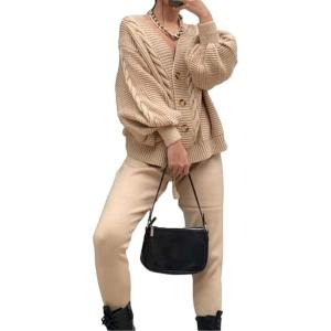 Minetom Survêtement Femme Combinaison Ensembles Deux Pièces Manches Longues Tricoté Chandail Pull Gilet Cardigan et Pantalon 2pcs(Kaki)