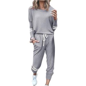Survêtement 2 pièces pour femme – Ensemble de 2 pièces – Tenue de loisirs – Survêtement de sport – Colorblock – Sweat-shirt + pantalon de jogging – Vêtements de sport(N02 Gris)