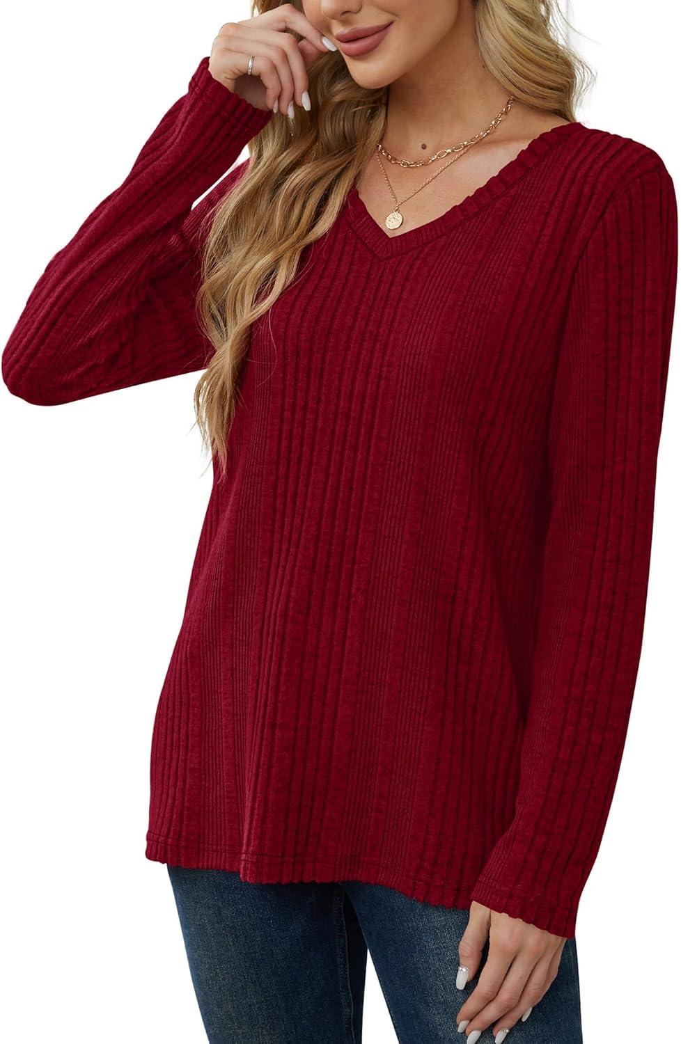 image:imagePull Femme Col V Tricot Pull Manches Longues Sweat Lger Uni Haut Automne Hiver 2025Rouge Bordeaux