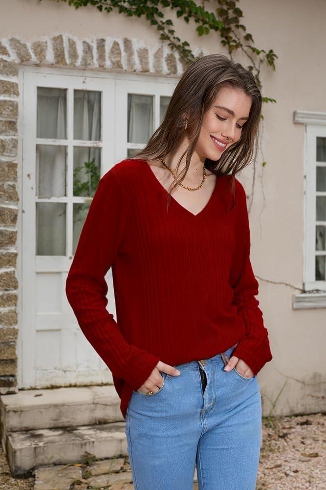 image:imagePull Femme Col V Tricot Pull Manches Longues Sweat Lger Uni Haut Automne Hiver 2025Rouge Bordeaux