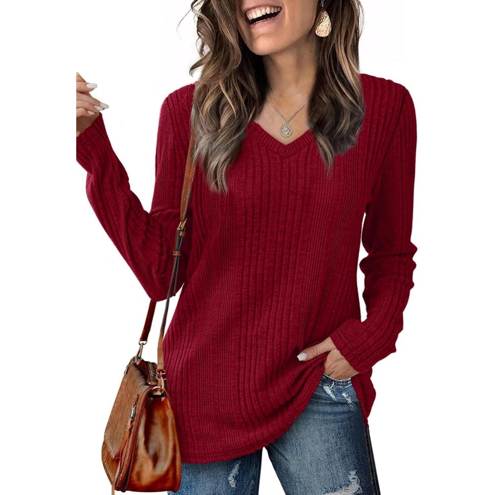 image:imagePull Femme Col V Tricot Pull Manches Longues Sweat Lger Uni Haut Automne Hiver 2025Rouge Bordeaux