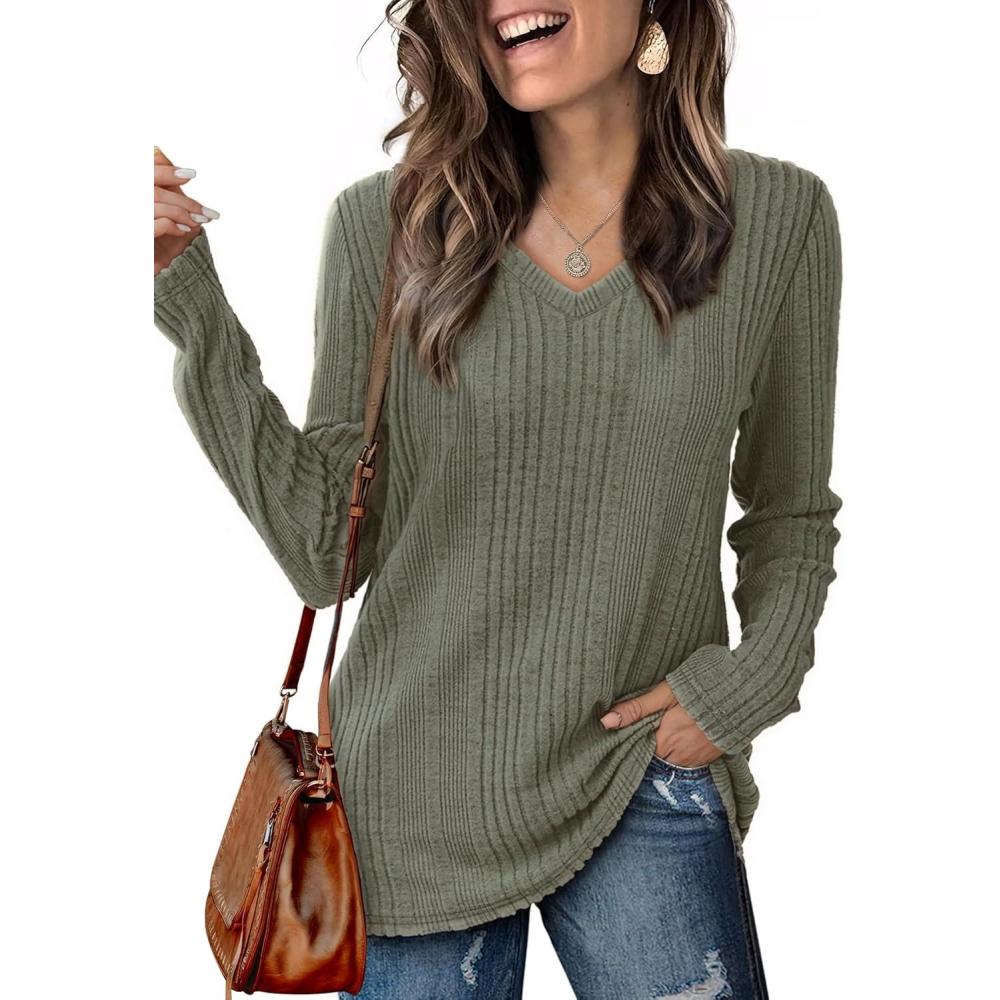 image:imagePull Femme Col V Tricot Pull Manches Longues Sweat Lger Uni Haut Automne Hiver 2025Vert