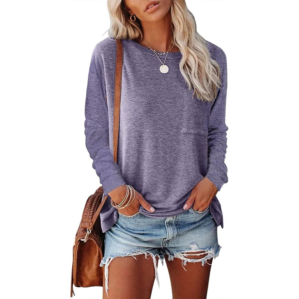image:imageSMENG Sweat Femme sans Capuche Manche Longue Pull Col Rond Pure Elegant SweatshirtAviolet
