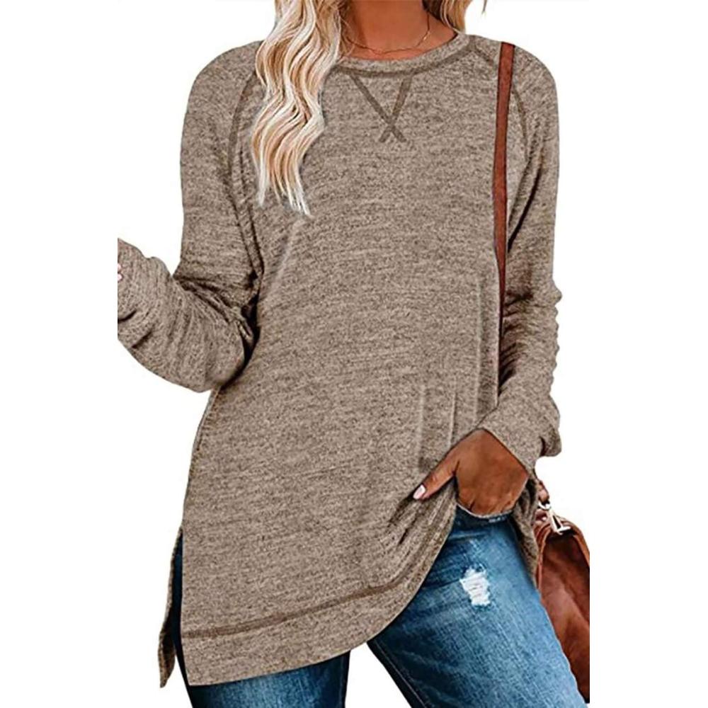 image:imageSMENG Sweat Femme sans Capuche Manche Longue Pull Col Rond Pure Elegant SweatshirtBkaki