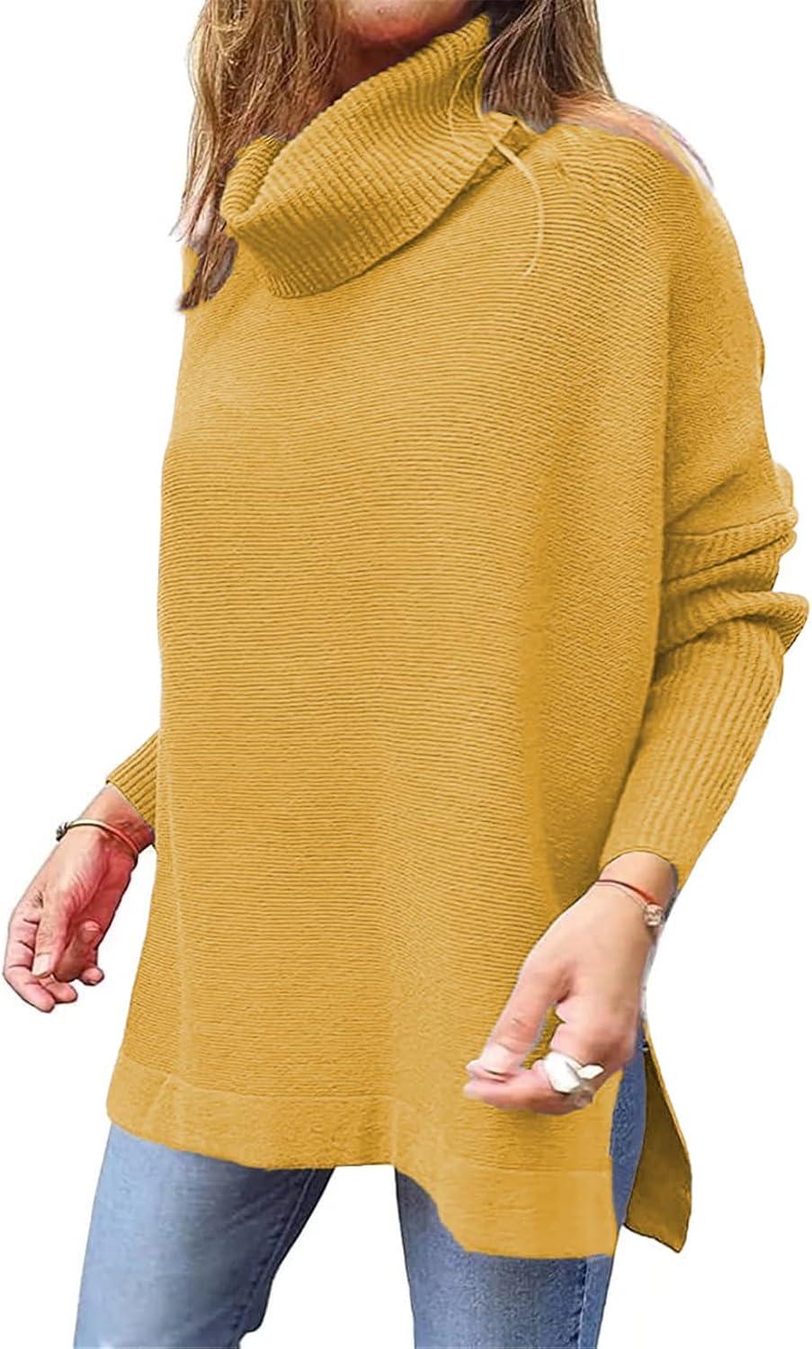 image:imageASKSA Femme Pulls Col Roul Sweater Grosse Maille Manches Longues Hiver Grande Taille Pullover Oversize Basique TorsadeJaune