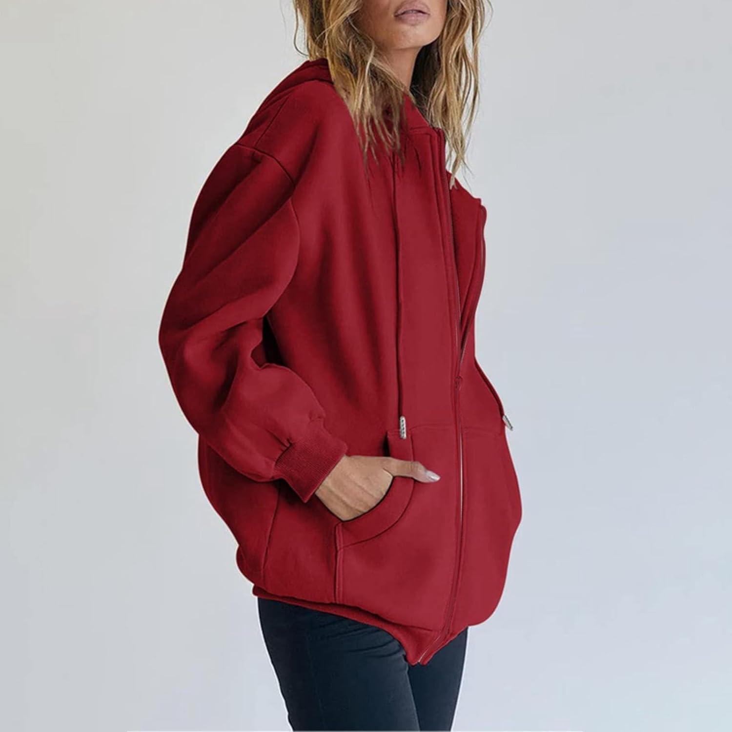image:imageGnrique Sweat Zipp Femme Grande Taille Veste Sport Femme Capuche Sweatshirt Mi Saison Hoodie Automne Manteau Dcontract Manteaux Polyvalent Veste Leger Vtements Uni Survtement Avec Poche SweatRouge