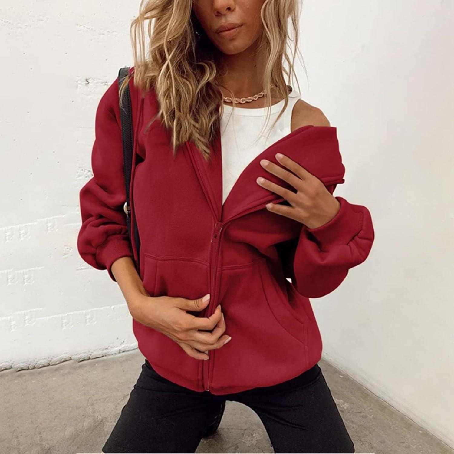 image:imageGnrique Sweat Zipp Femme Grande Taille Veste Sport Femme Capuche Sweatshirt Mi Saison Hoodie Automne Manteau Dcontract Manteaux Polyvalent Veste Leger Vtements Uni Survtement Avec Poche SweatRouge