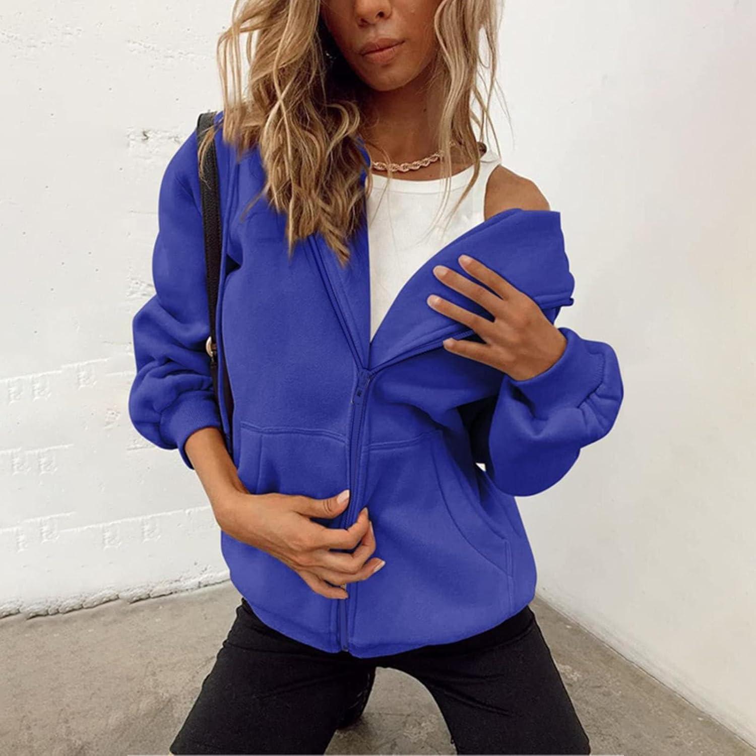 image:imageGnrique Sweat Zipp Femme Grande Taille Veste Sport Femme Capuche Sweatshirt Mi Saison Hoodie Automne Manteau Dcontract Manteaux Polyvalent Veste Leger Vtements Uni Survtement Avec Poche SweatBleu