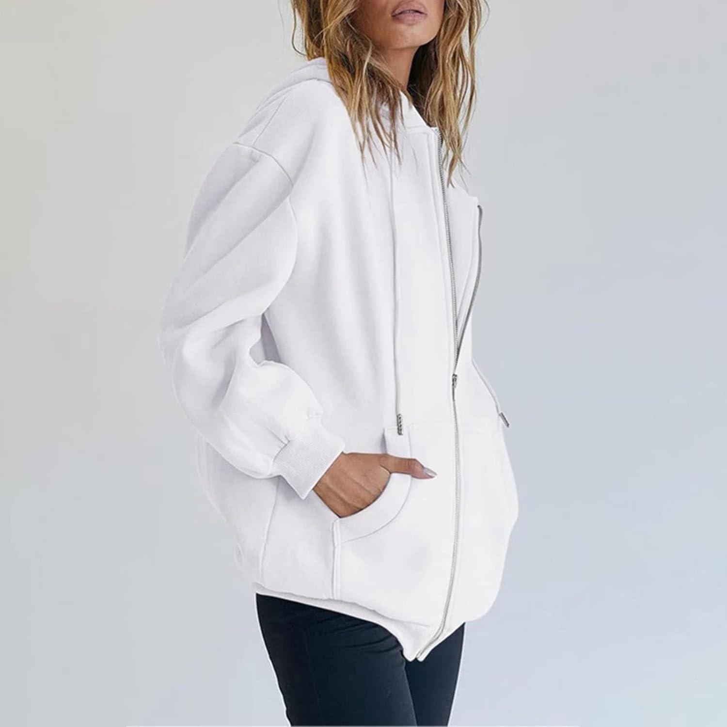 image:imageGnrique Sweat Zipp Femme Grande Taille Veste Sport Femme Capuche Sweatshirt Mi Saison Hoodie Automne Manteau Dcontract Manteaux Polyvalent Veste Leger Vtements Uni Survtement Avec Poche SweatBlanc