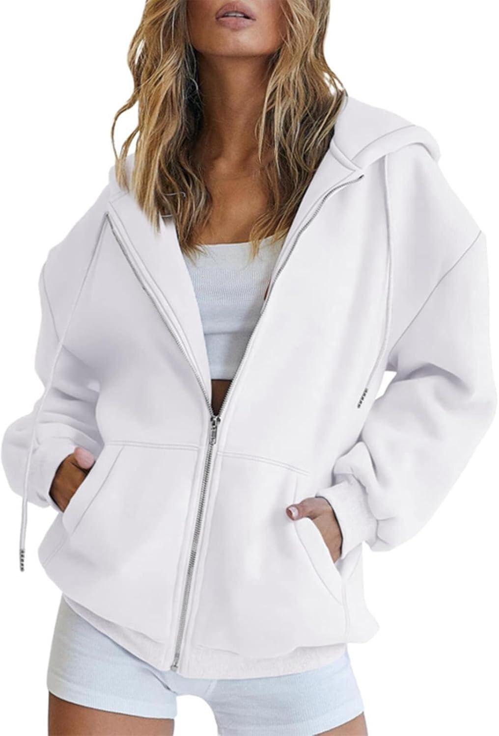 image:imageGnrique Sweat Zipp Femme Grande Taille Veste Sport Femme Capuche Sweatshirt Mi Saison Hoodie Automne Manteau Dcontract Manteaux Polyvalent Veste Leger Vtements Uni Survtement Avec Poche SweatBlanc
