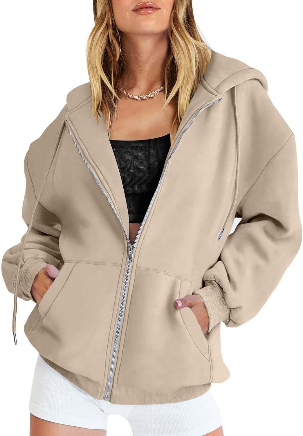 image:imageGnrique Sweat Zipp Femme Grande Taille Veste Sport Femme Capuche Sweatshirt Mi Saison Hoodie Automne Manteau Dcontract Manteaux Polyvalent Veste Leger Vtements Uni Survtement Avec Poche SweatZ2Beige
