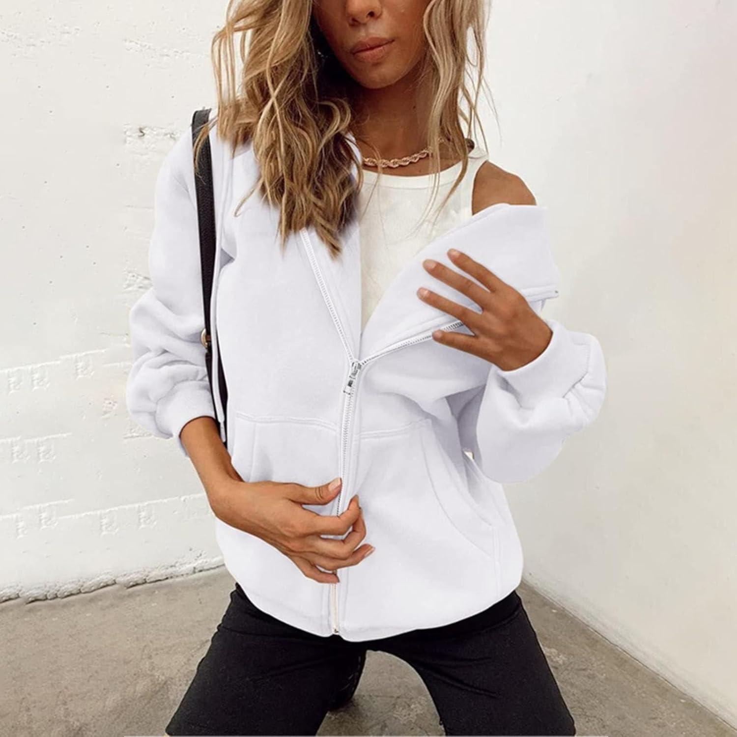 image:imageGnrique Sweat Zipp Femme Grande Taille Veste Sport Femme Capuche Sweatshirt Mi Saison Hoodie Automne Manteau Dcontract Manteaux Polyvalent Veste Leger Vtements Uni Survtement Avec Poche SweatBlanc