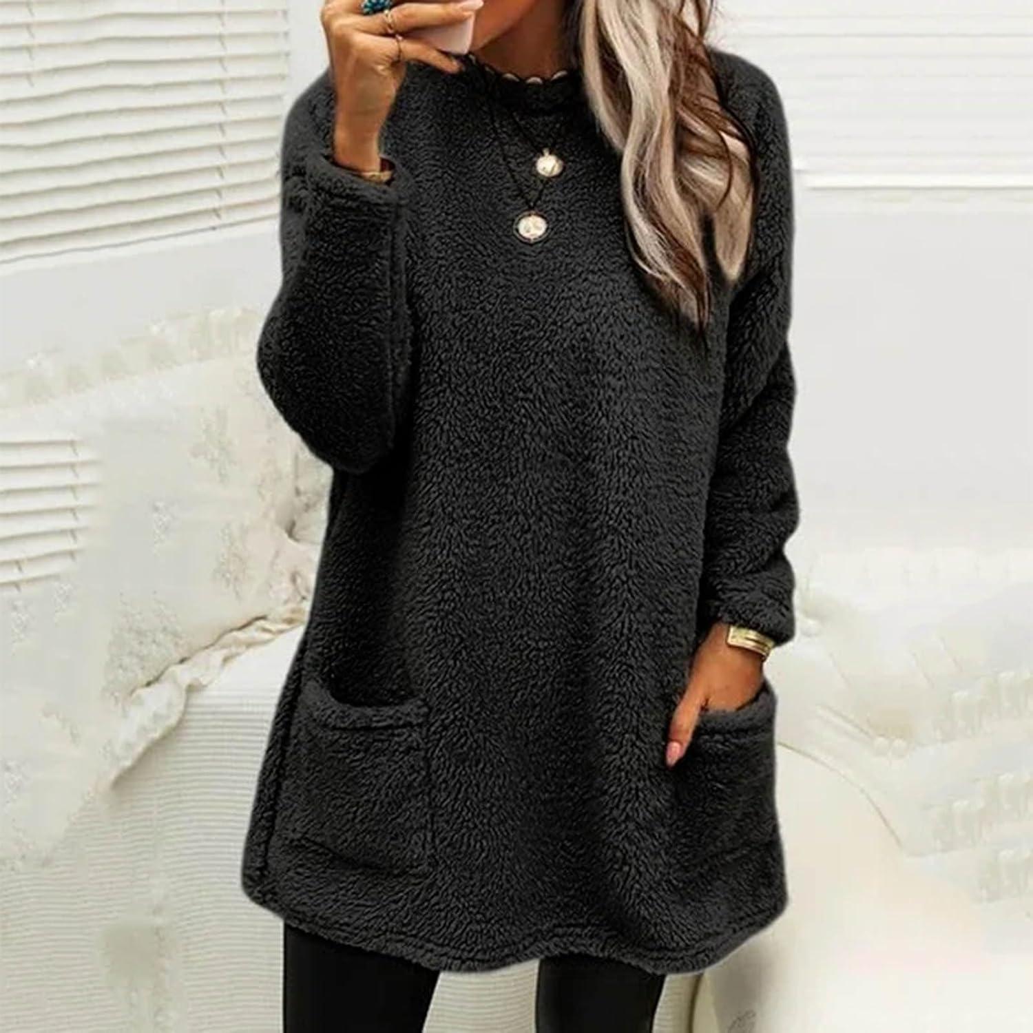image:imagePull color pour femme Pull dhiver chaud en polaire paisse Grande taille Manteau dcontract grande taille Manteau ample pour femmeNoir