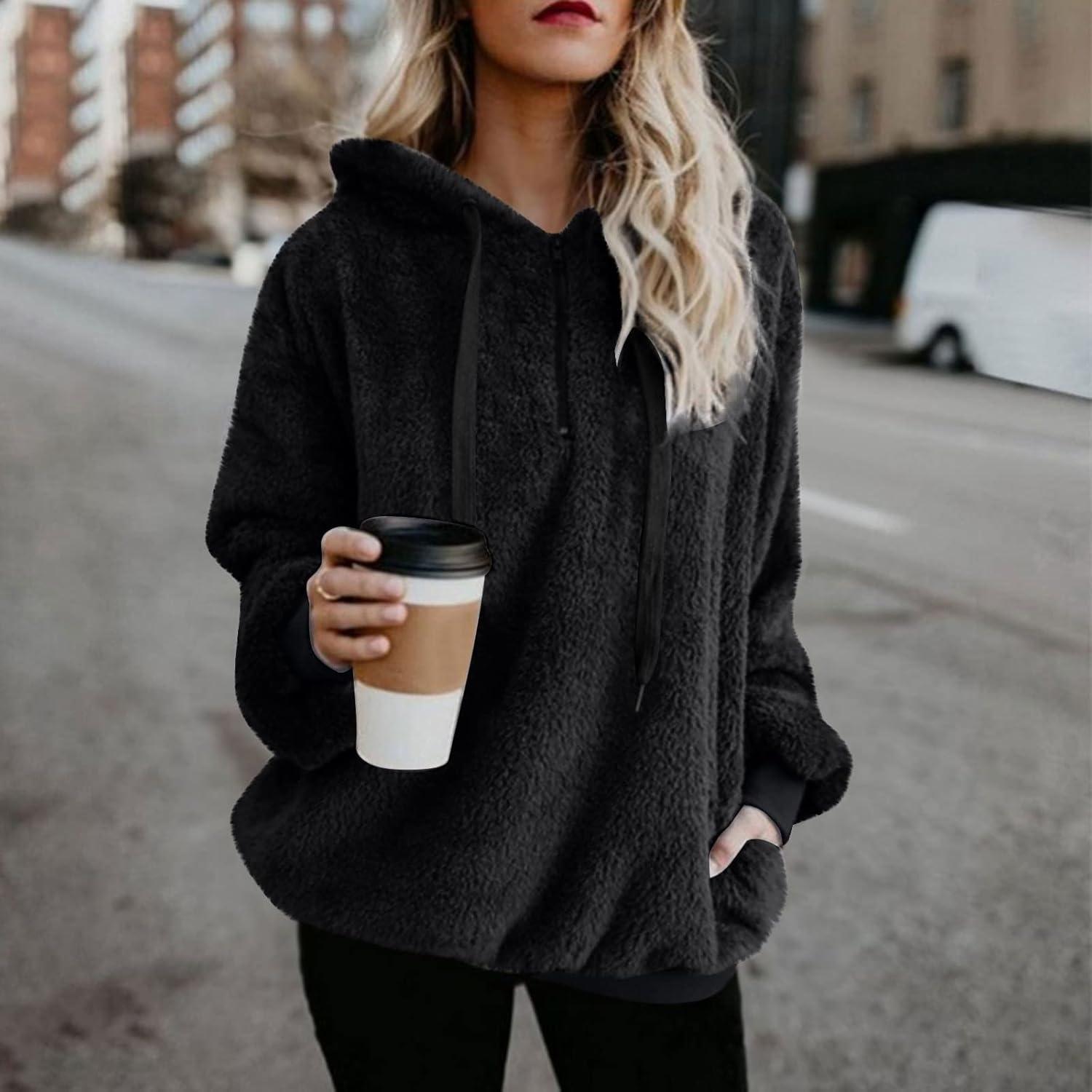 image:imageVeste Polaire Femme avec Capuche Grande Taille Manteau Hiver Chaud Sweat Polaire Zippe Pas Cher A La Mode Chic Sweat Zipp Manche Longues Amples Pullover Pull Femme Hiver ChaudAb Noir