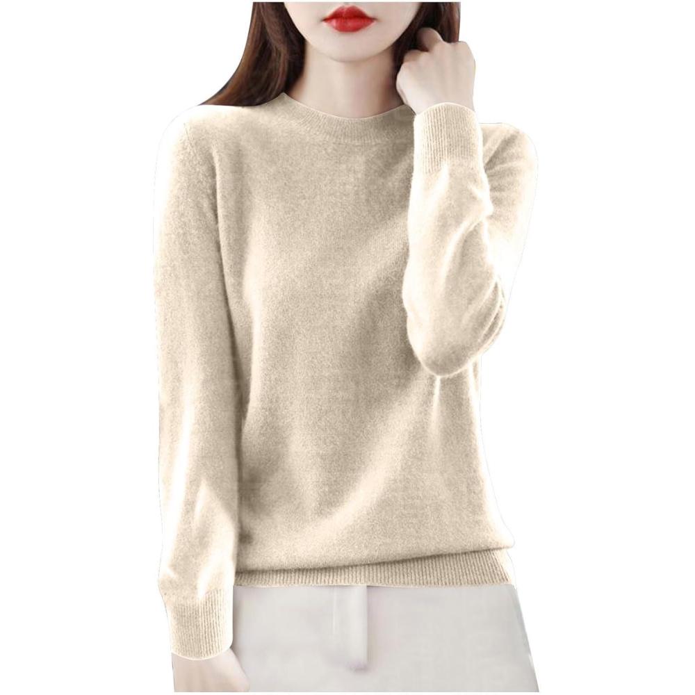 image:image2025 Pull Cachemire Femme Hiver Chaud Pulls en Tricot Couleur Unie Manches Longues Chic et Elegant Col Rond Elstique Top Vetement Femme Pull Lger Femmes Sweater Pas Cher07beige