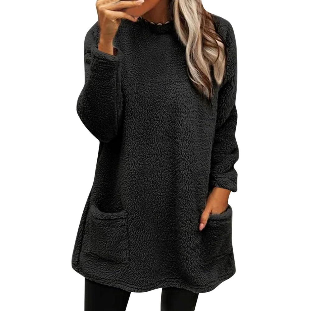 image:imagePull color pour femme Pull dhiver chaud en polaire paisse Grande taille Manteau dcontract grande taille Manteau ample pour femmeNoir