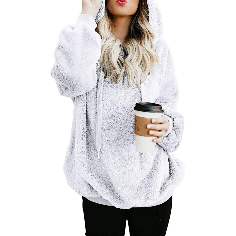 image:imageVeste Polaire Femme avec Capuche Grande Taille Manteau Hiver Chaud Sweat Polaire Zippe Pas Cher A La Mode Chic Sweat Zipp Manche Longues Amples Pullover Pull Femme Hiver ChaudAj Blanc