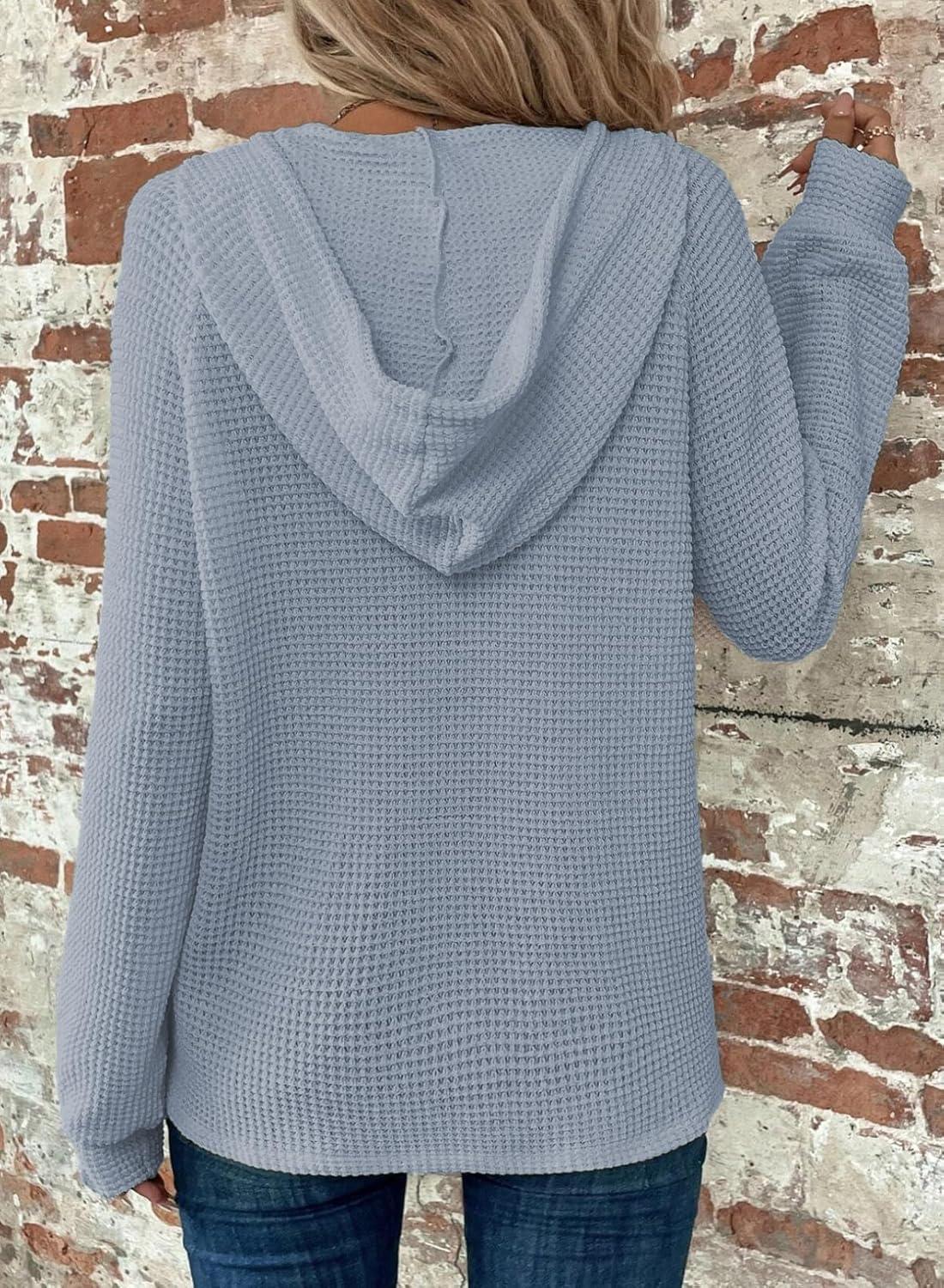 image:imageSweat Femme Manche Longue Col V Boutonn Pull Oversize Cordon Waffle Sweat Capuche FemmeBleu