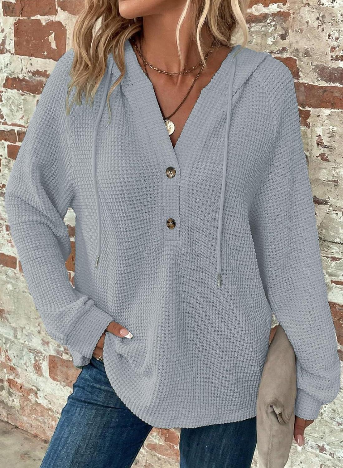 image:imageSweat Femme Manche Longue Col V Boutonn Pull Oversize Cordon Waffle Sweat Capuche FemmeBleu