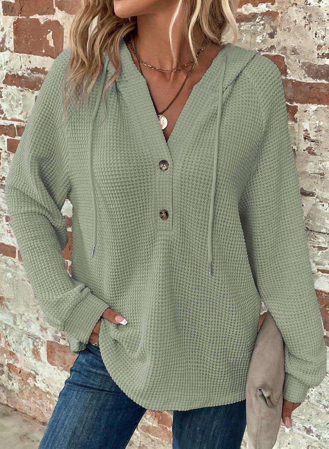 image:imageSweat Femme Manche Longue Col V Boutonn Pull Oversize Cordon Waffle Sweat Capuche FemmeVert Clair