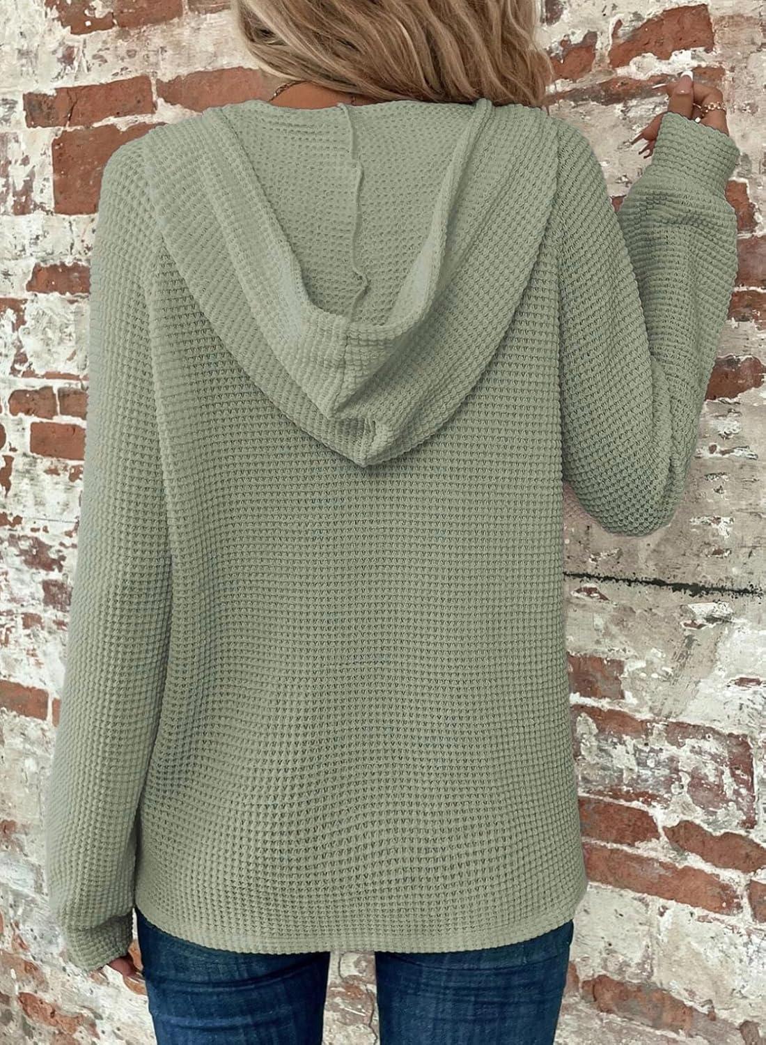 image:imageSweat Femme Manche Longue Col V Boutonn Pull Oversize Cordon Waffle Sweat Capuche FemmeVert Clair