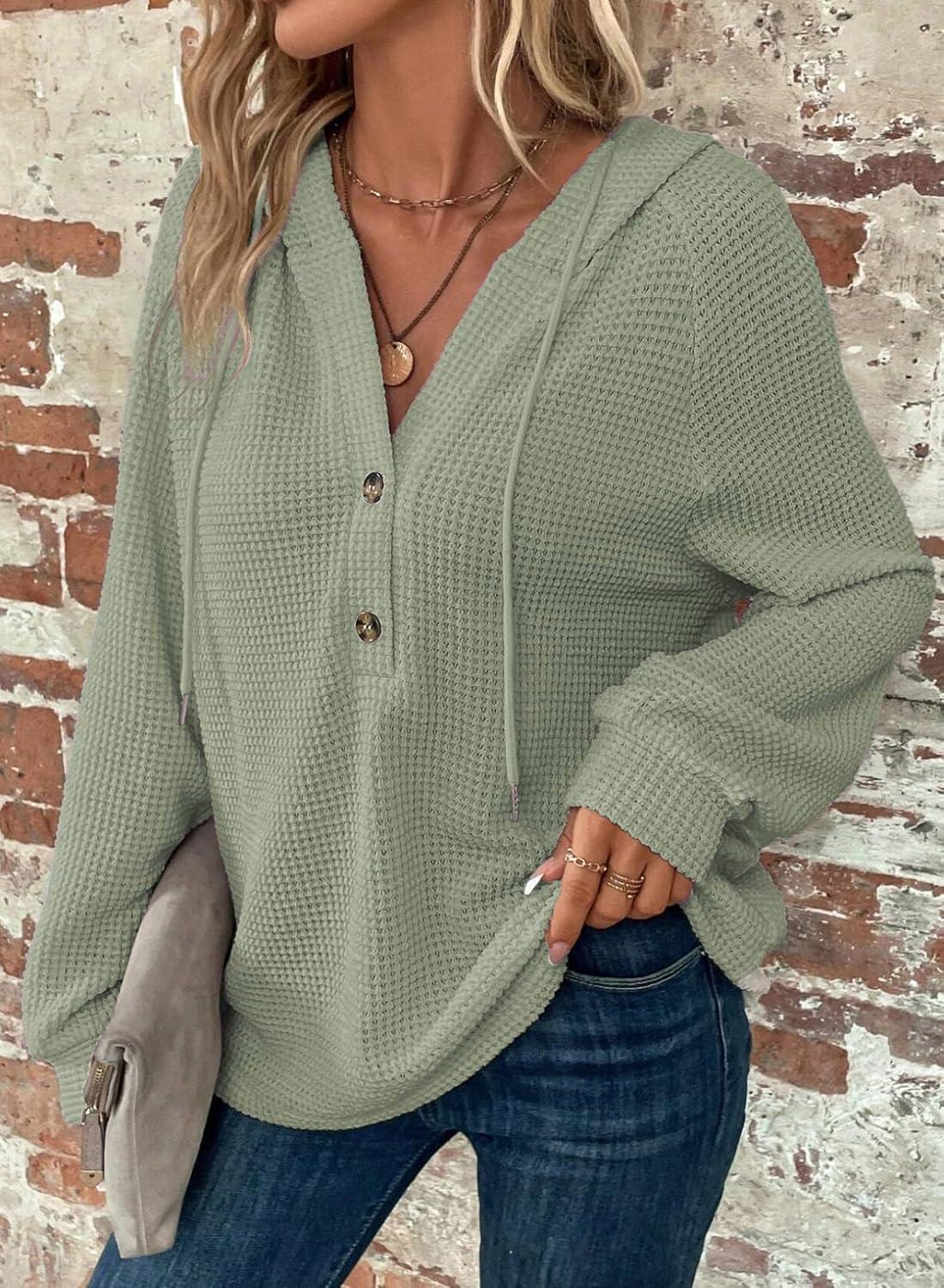 image:imageSweat Femme Manche Longue Col V Boutonn Pull Oversize Cordon Waffle Sweat Capuche FemmeVert Clair