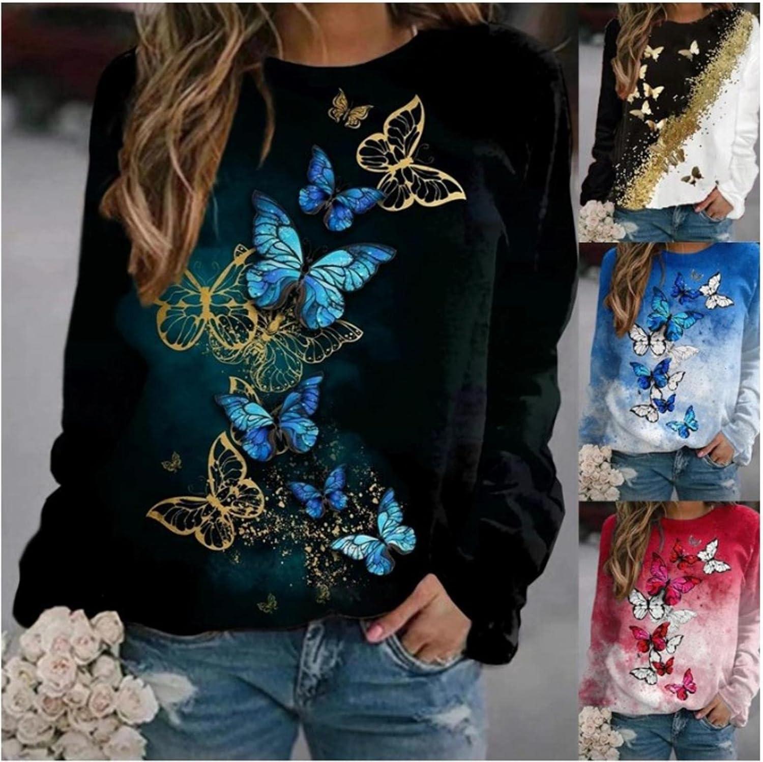 image:imageSweatshirt Imprim Fleur Papillon pour Femme Motif Fleur Papillon Col Rond Manches Longues Dcontract Grande Taille Haut Femme Noir M
