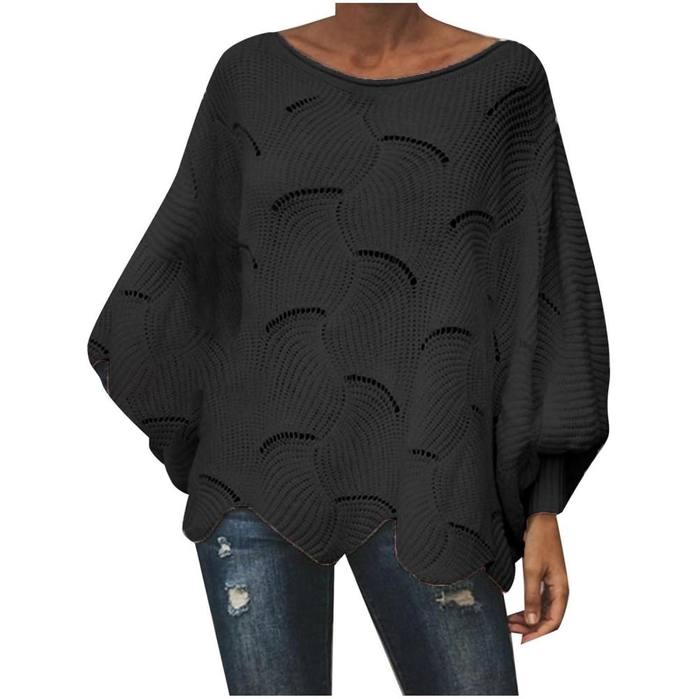 image:imagePull Femme Grande Taille Tricot Ample avec Motif Crochet dcoup pour Saison Automne Hiver 2024Le Noir