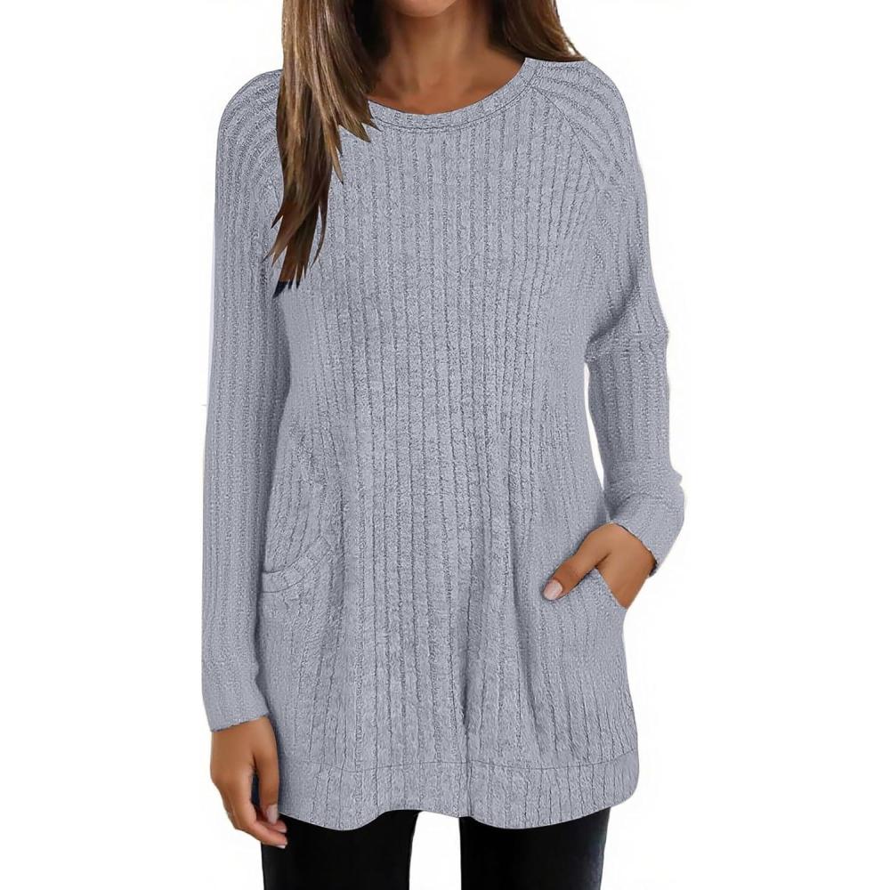 image:imagePull long pour femme Manches longues Pull en tricot pais lger et ample col rond Pull dhiver chaud Couleur unie Tunique dcontracte avec pochesCendr Clair