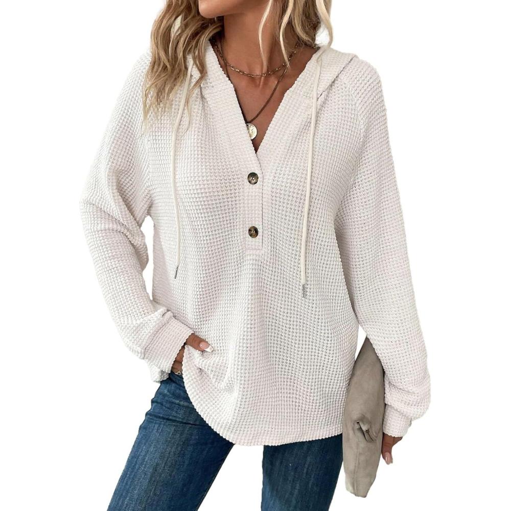 image:imageSweat Femme Manche Longue Col V Boutonn Pull Oversize Cordon Waffle Sweat Capuche FemmeBlanc