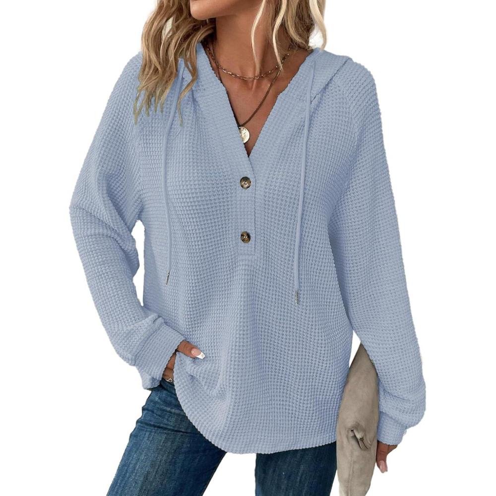 image:imageSweat Femme Manche Longue Col V Boutonn Pull Oversize Cordon Waffle Sweat Capuche FemmeBleu