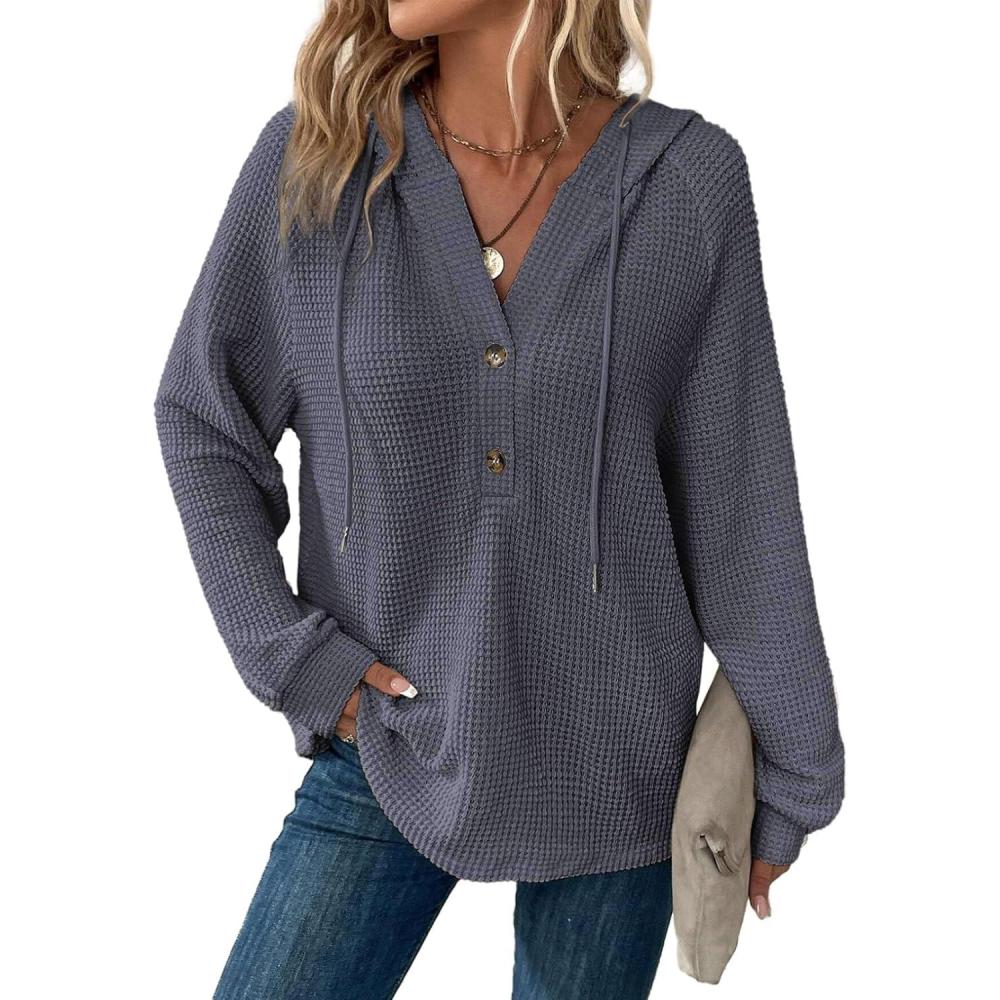image:imageSweat Femme Manche Longue Col V Boutonn Pull Oversize Cordon Waffle Sweat Capuche FemmeGris