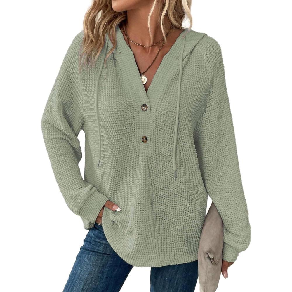 image:imageSweat Femme Manche Longue Col V Boutonn Pull Oversize Cordon Waffle Sweat Capuche FemmeVert Clair