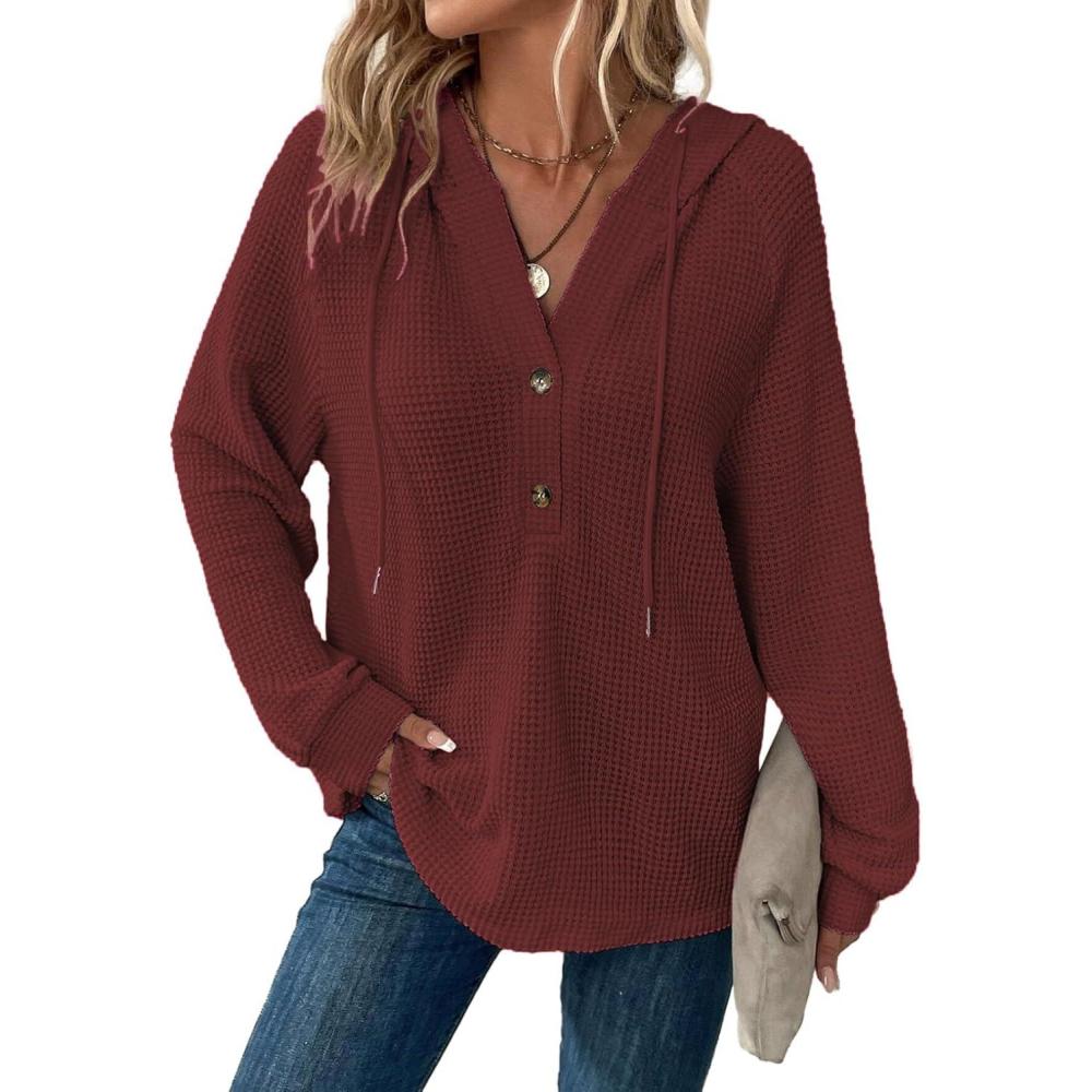 image:imageSweat Femme Manche Longue Col V Boutonn Pull Oversize Cordon Waffle Sweat Capuche FemmeVin Rouge