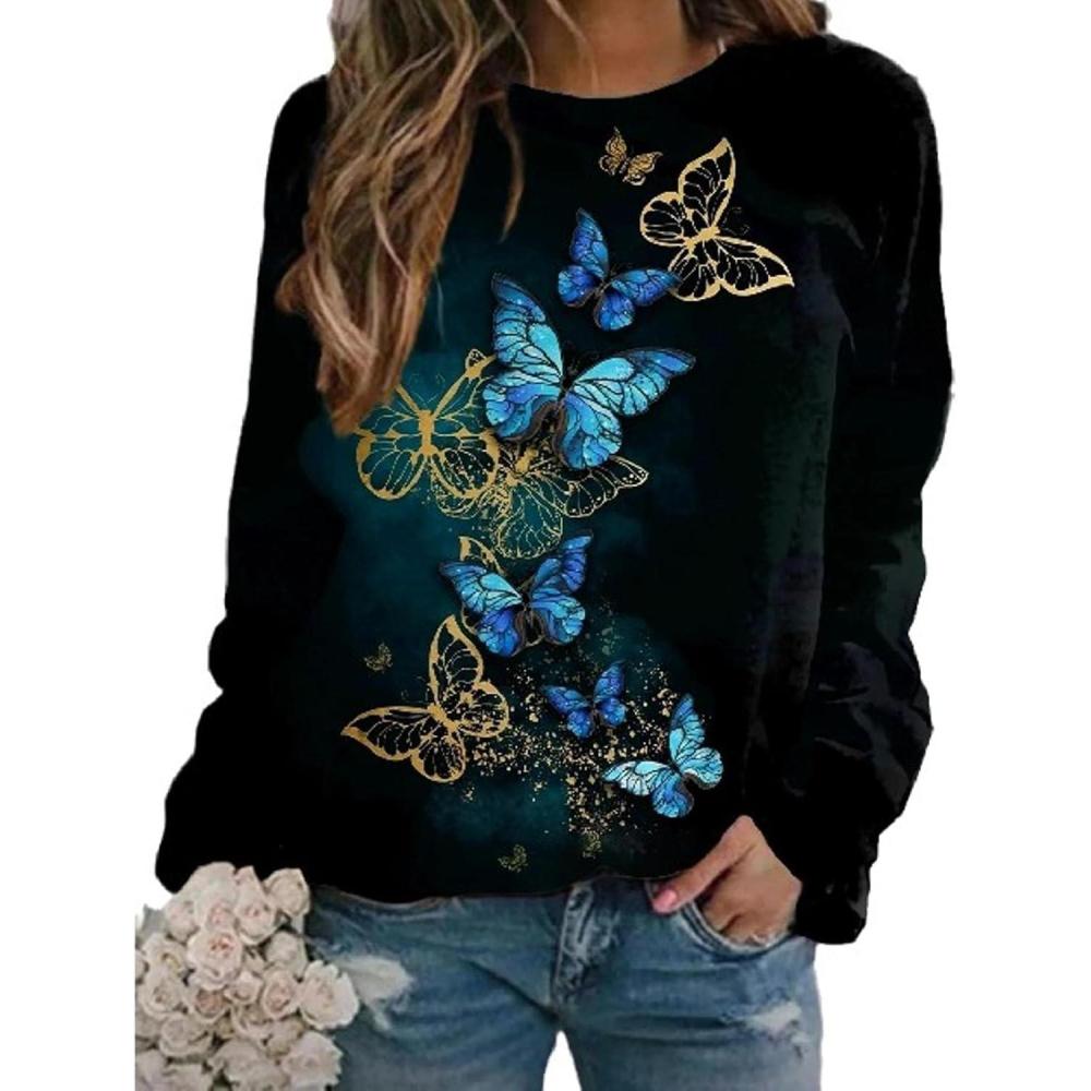image:imageSweatshirt Imprim Fleur Papillon pour Femme Motif Fleur Papillon Col Rond Manches Longues Dcontract Grande Taille Haut Femme Noir M
