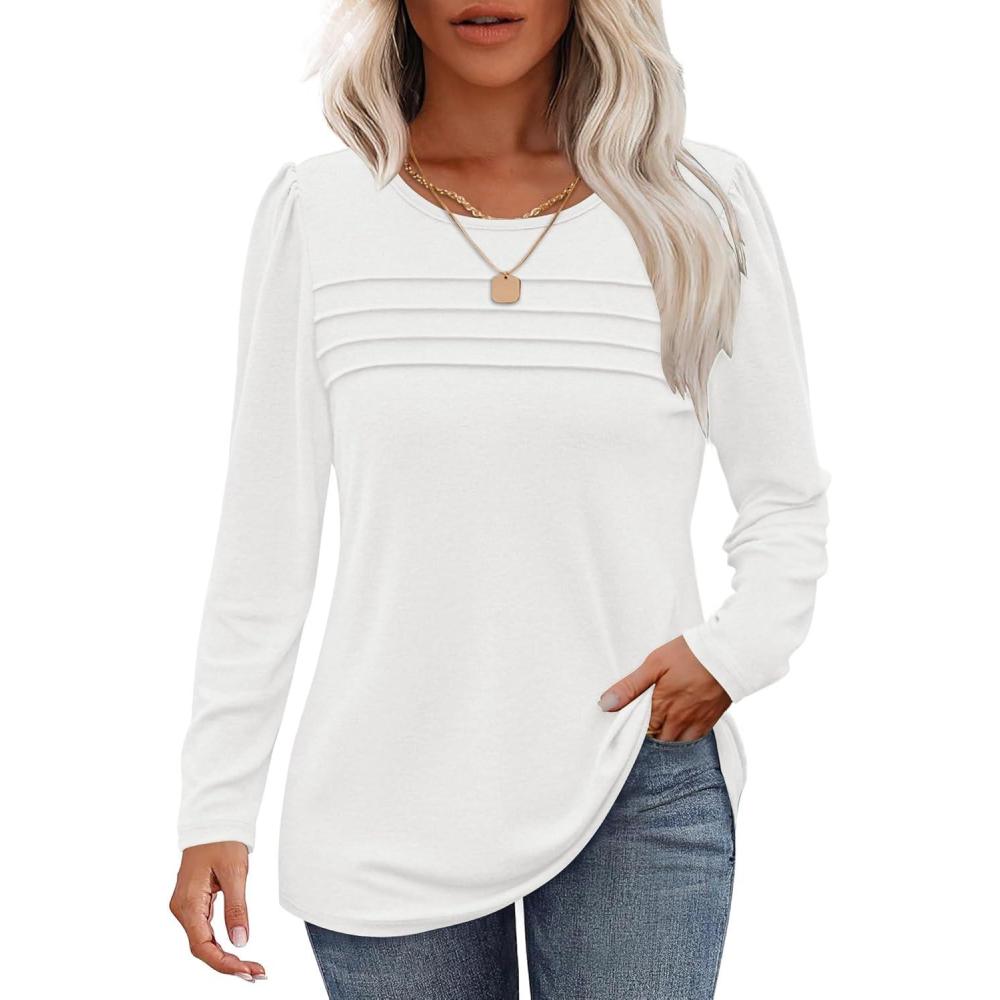 image:imageWNEEDU Sweatshirts Femme Pull Hiver Col Rond Femmes Haut Manche Longue TShirts Sweat Oversized sans Capuche Automne PrintempsBlanc