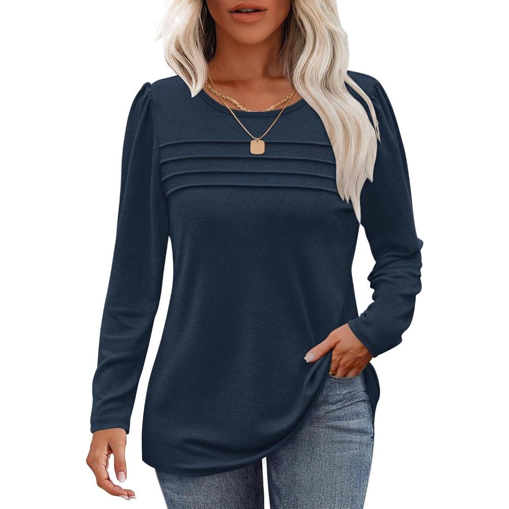 image:imageWNEEDU Sweatshirts Femme Pull Hiver Col Rond Femmes Haut Manche Longue TShirts Sweat Oversized sans Capuche Automne PrintempsBleu Marine