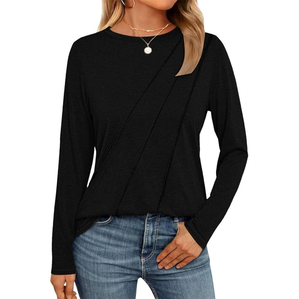 image:imageWNEEDU Sweatshirts Femme Pull Hiver Col Rond Femmes Haut Manche Longue TShirts Sweat Oversized sans Capuche Automne PrintempsNoir