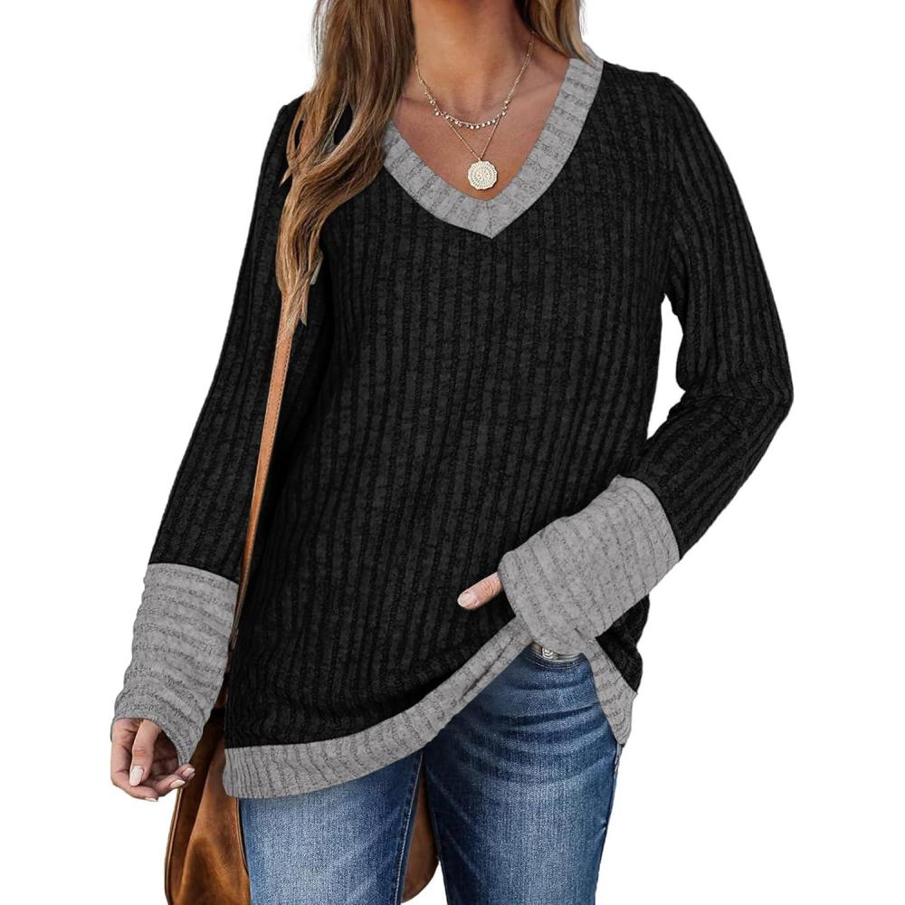 image:imagePull Femme Hiver Col en V Casual Sweatshirts Manches Longues Lger Top1noir