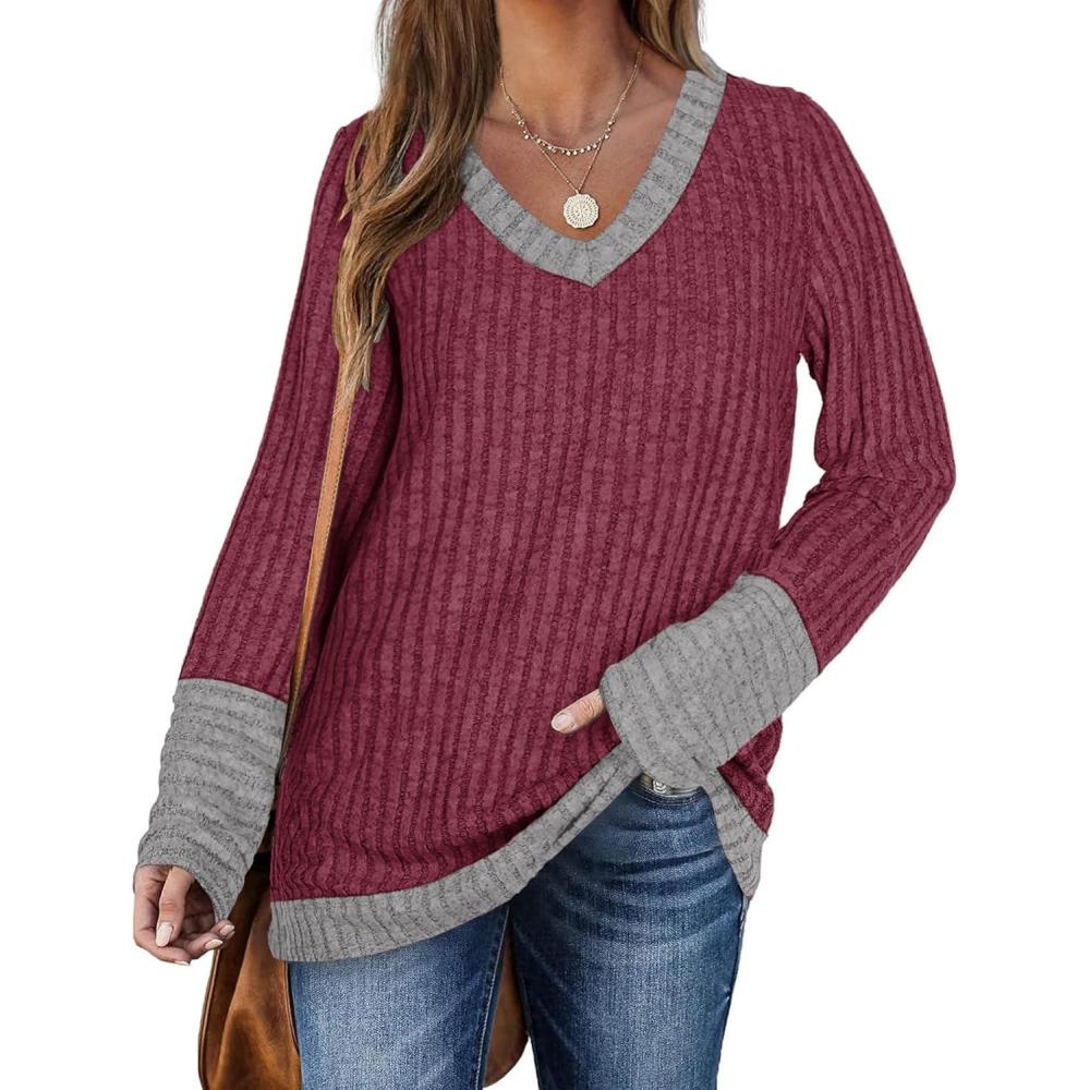 image:imagePull Femme Hiver Col en V Casual Sweatshirts Manches Longues Lger Top1rouge