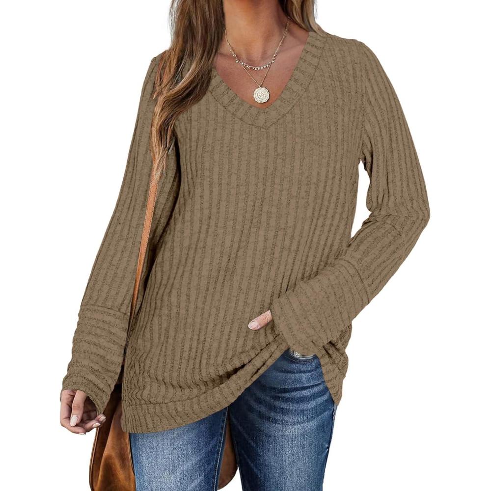 image:imagePull Femme Hiver Col en V Casual Sweatshirts Manches Longues Lger TopBrun Fonc
