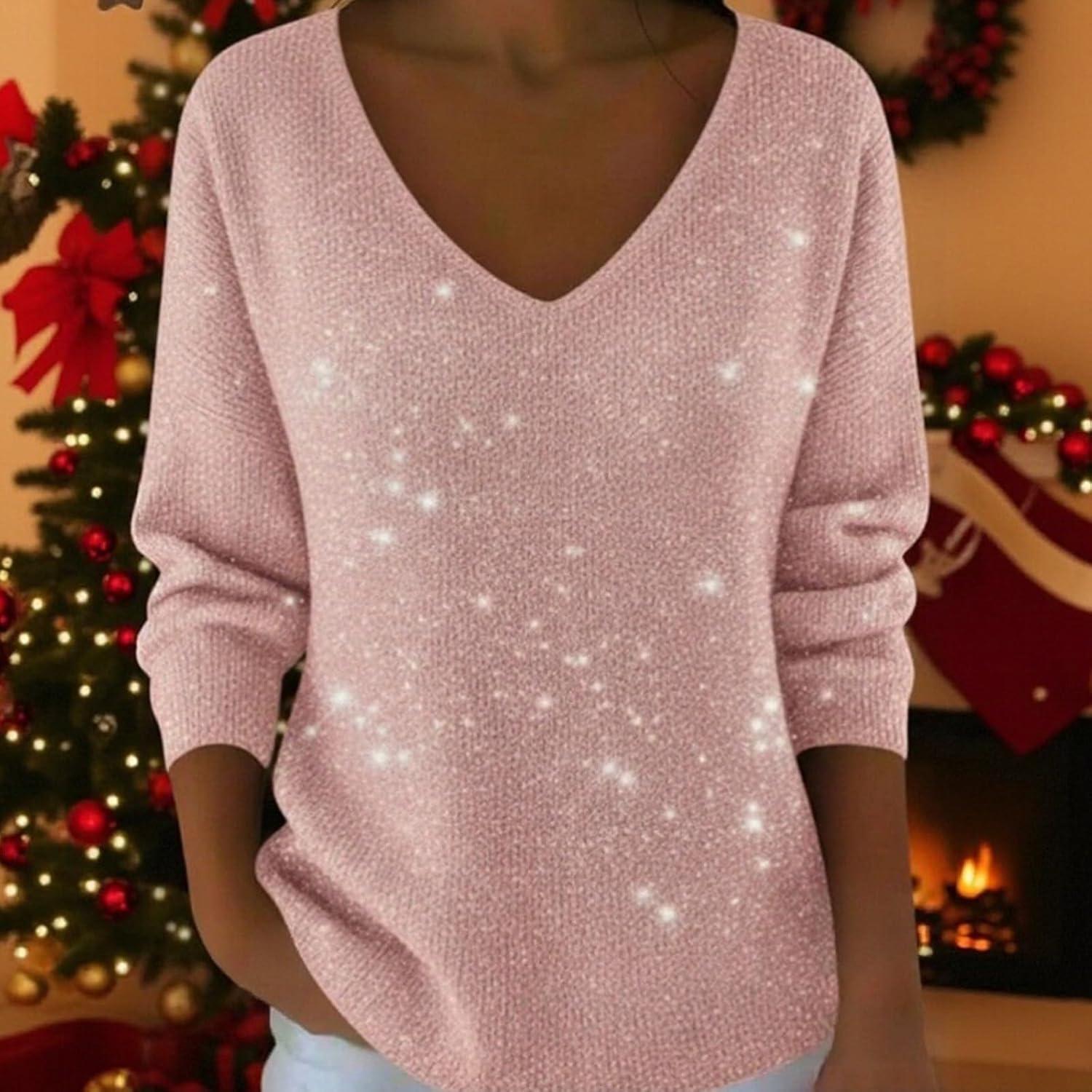 image:imageGnrique Pull Paillettes Femme Chic Et Elegant Sweat Sweatshirts Hiver Chaud Manches Longues Pullover Pulls Grande Taille Col V Couleur Unie Haut Vetement Dcontract Sequins Sweatshirt00 Pink