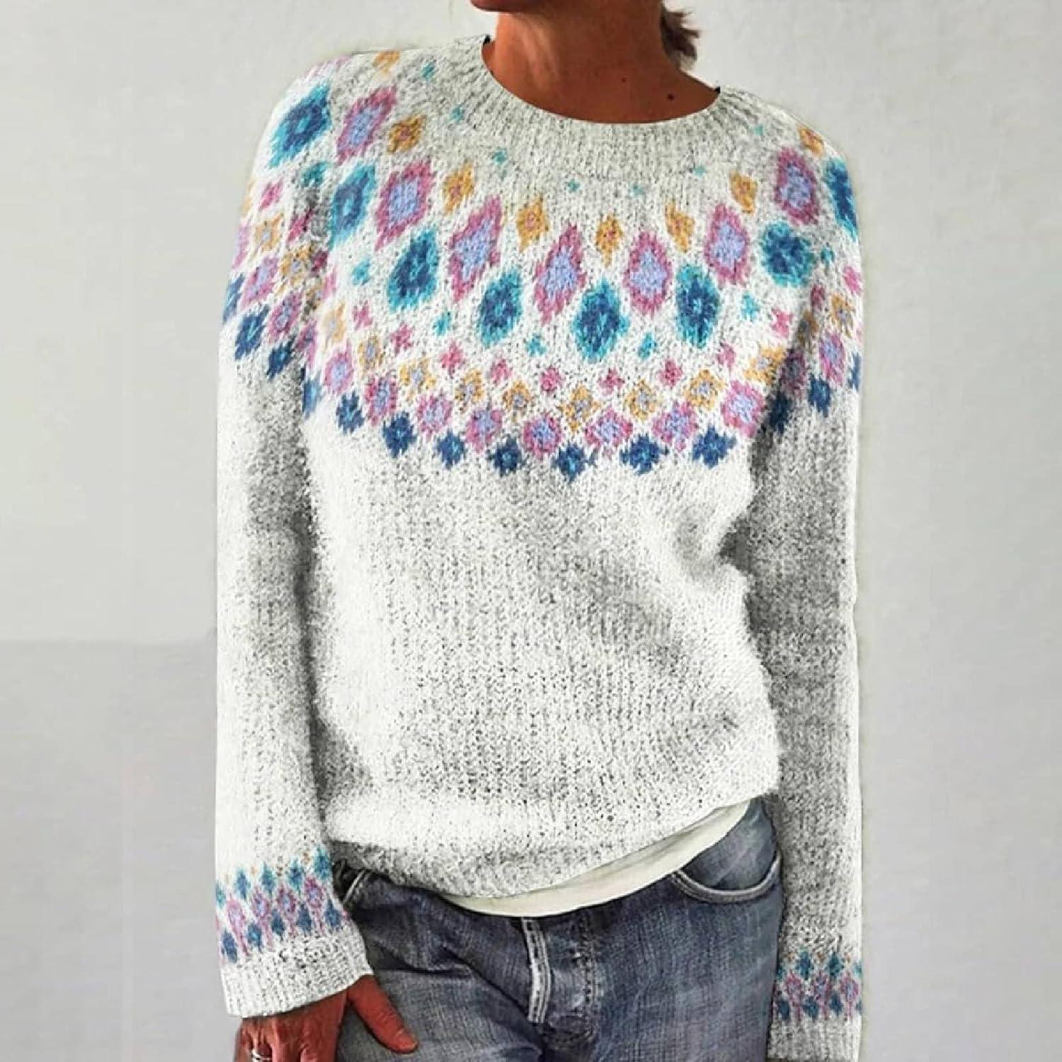 image:imagePull Irlandais Femme dhiver Chaud Chic Et lgant Pullover Tricot Col Rond Manches Longues Sweatshirts Vintage Motif Tunique Grande Taille Mode Dcontracts Vetement Femme Automne HiverBlanc