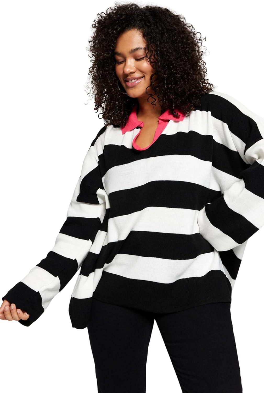 image:imageTrendyol Pull Manches Longues pour FemmeRayGrande Taille SweaterRose