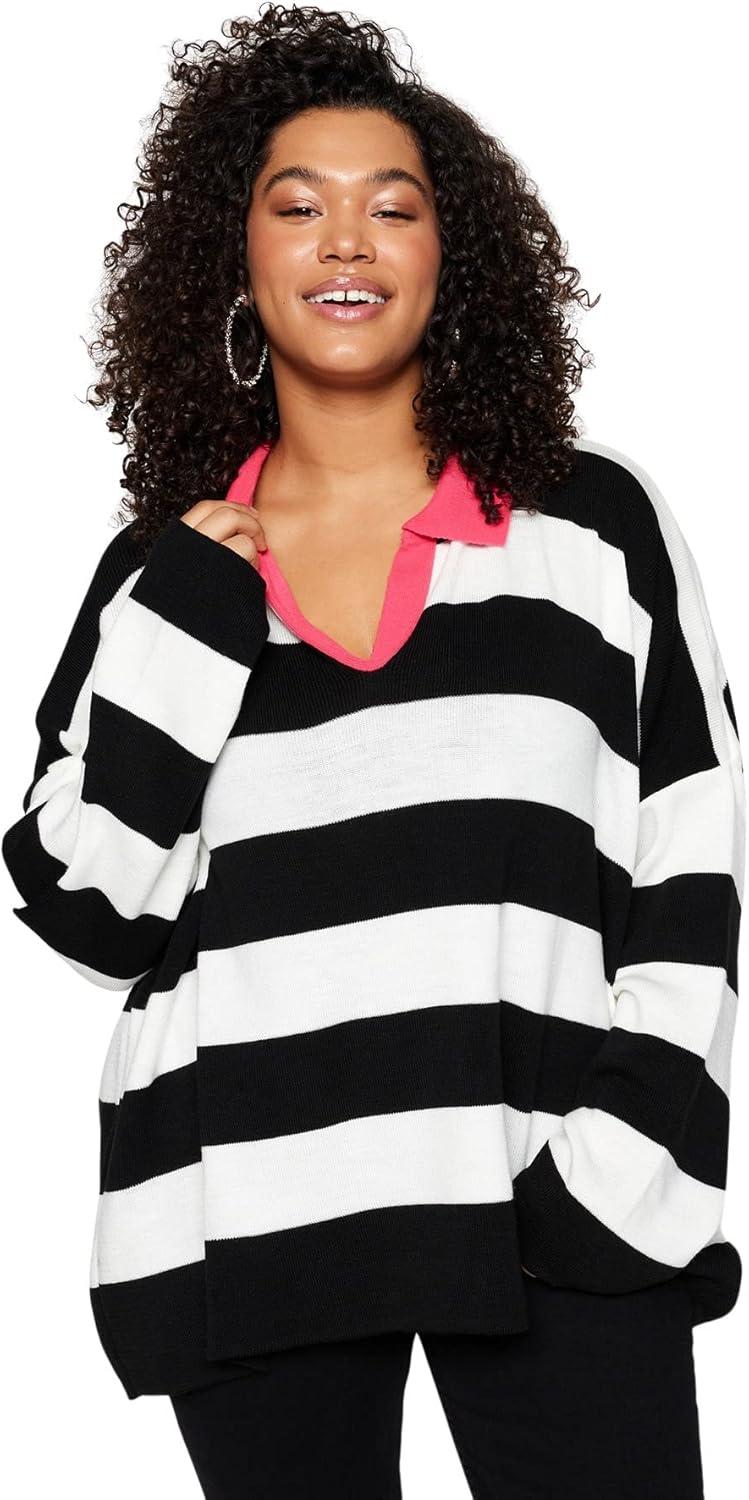 image:imageTrendyol Pull Manches Longues pour FemmeRayGrande Taille SweaterRose