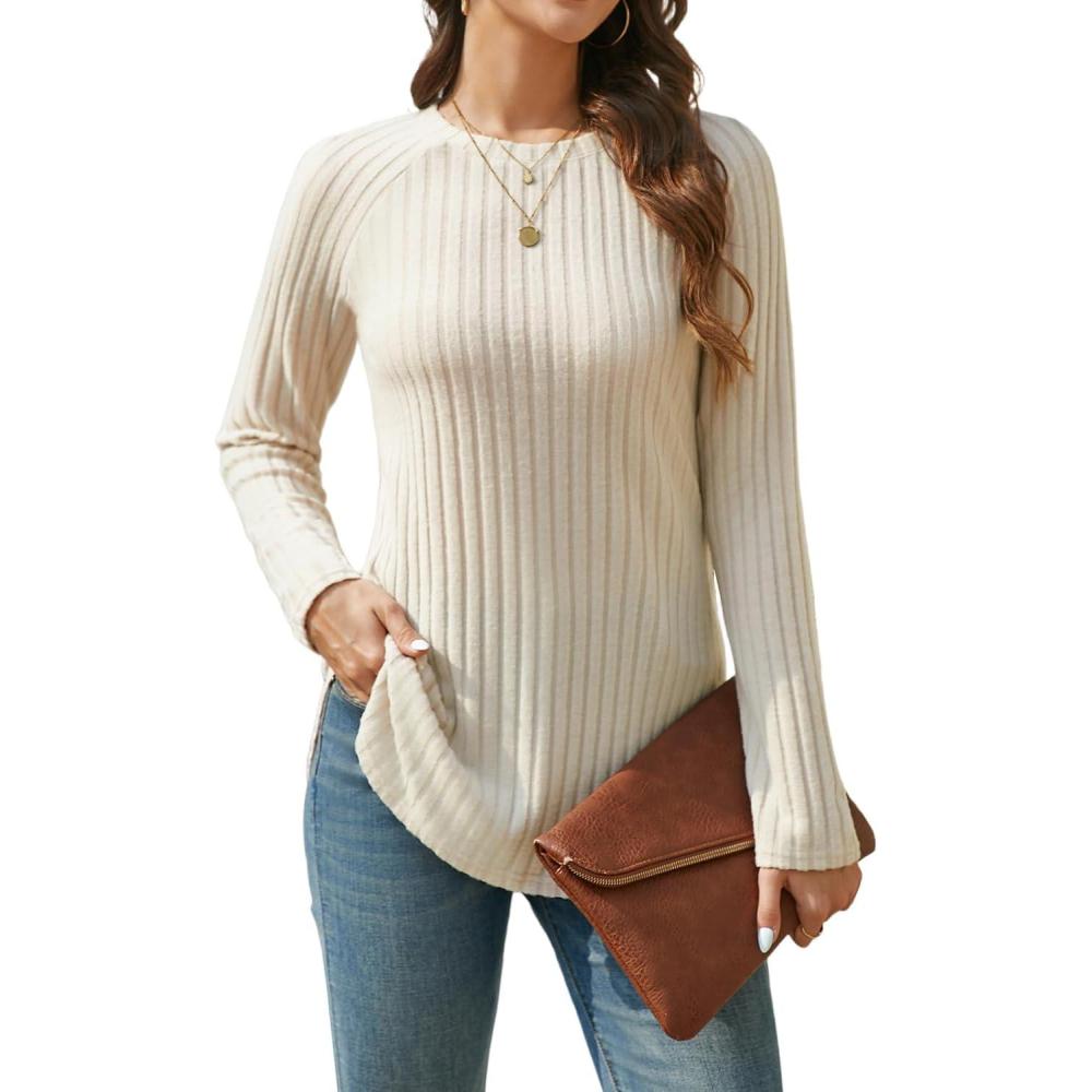 image:imageEnmain Pull Femme Hiver Chaud Sweatshirts Chic et Elegant Lger col Rond Pull Long Femme Grande Taille Mode Tunique HautBeige