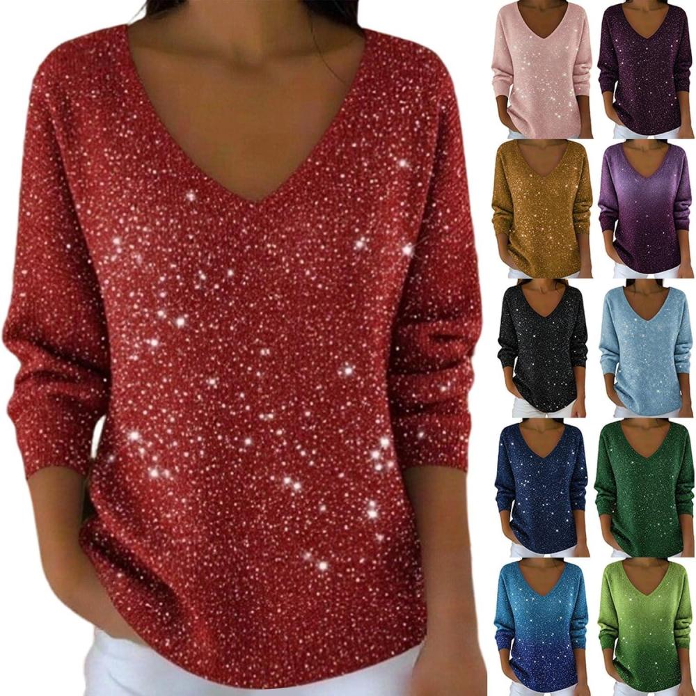 image:imageGnrique Pull Paillettes Femme Chic Et Elegant Sweat Sweatshirts Hiver Chaud Manches Longues Pullover Pulls Grande Taille Col V Couleur Unie Haut Vetement Dcontract Sequins Sweatshirt00 Red