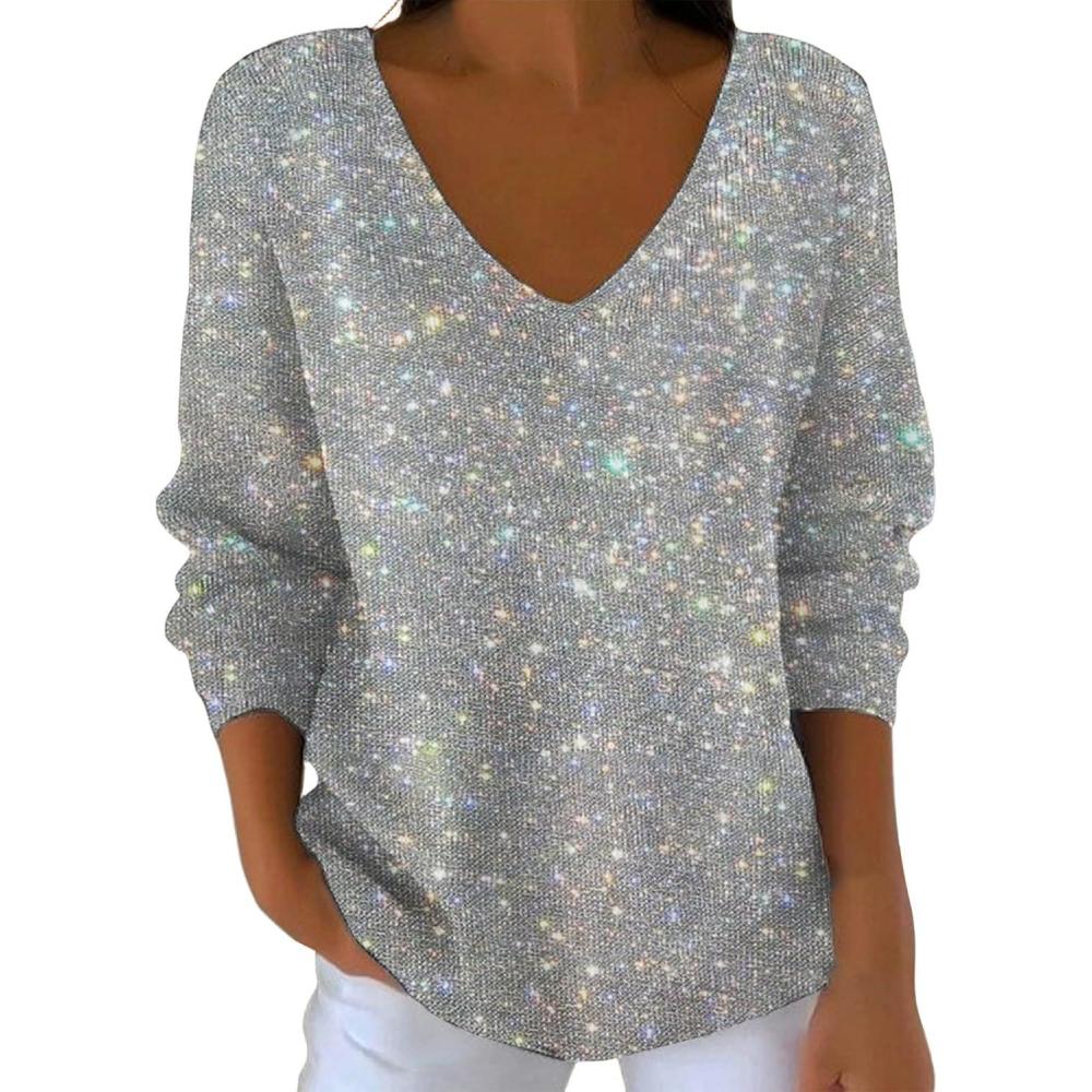 image:imageGnrique Pull Paillettes Femme Chic Et Elegant Sweat Sweatshirts Hiver Chaud Manches Longues Pullover Pulls Grande Taille Col V Couleur Unie Haut Vetement Dcontract Sequins Sweatshirt00 Grey