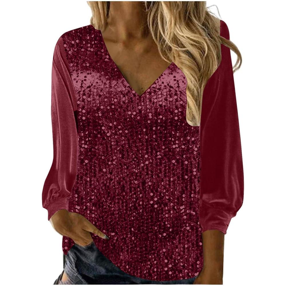 image:imageHaut Paillettes Femme Grande Taille Chemisier Haut Paillettes Soire Disco Brillante Chemises Manche Longue Blouse Chic lgant Printemps T Shirt Glitter Soire Disco Tunique Tops Tenue de FeteCvin