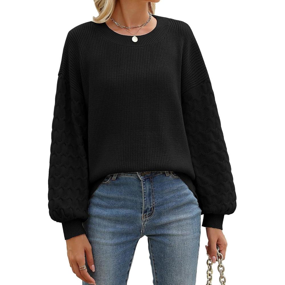 image:imageLonya Pull Femme Chic Elegant Tricot Col Rond Sweat Hiver Chaud Pullover Manche Longue Pulls Cable Knit Grande TailleNoir